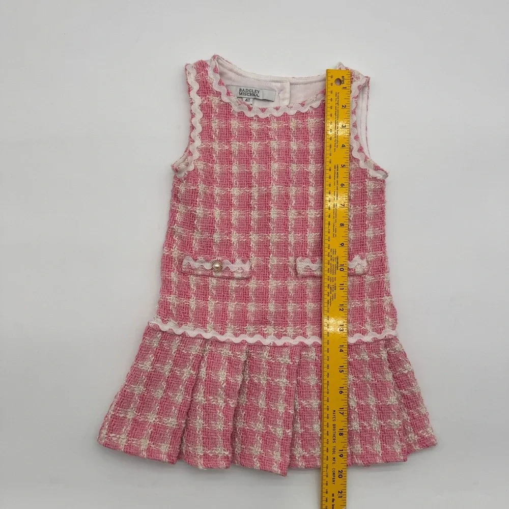 Badgley Mischka Caroline Pink Plaid Tweed Drop Waist Pleated‎ Dress 4T Girls